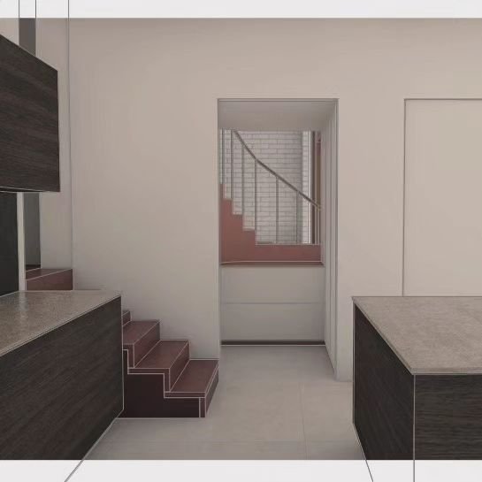 An upper floor addition to this home creates a unique visual connection from the kitchen. 

We have designed this purposely so that a seemingly back-of-house stair retains the family connection. 
We are creating moments for conversation and contempla