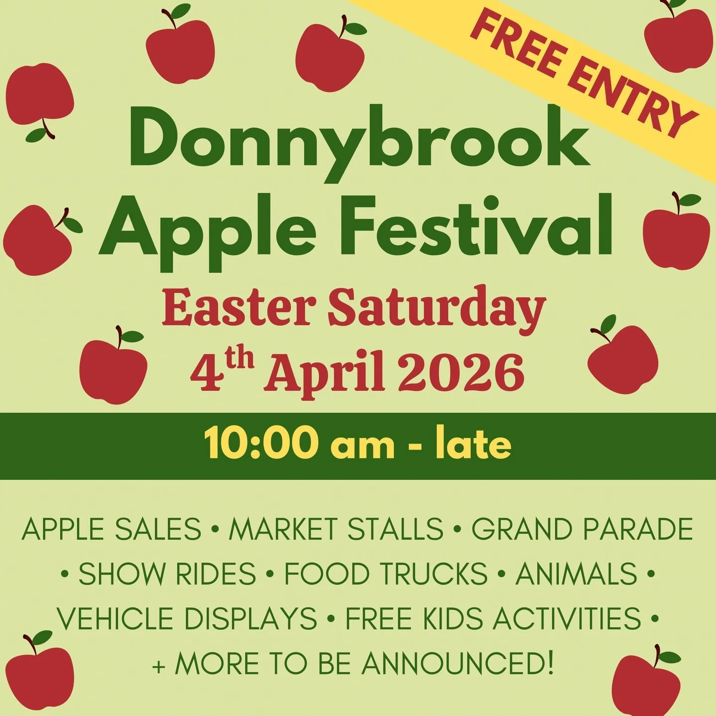 Woohoo! Not long to go now 😍 Make sure you&rsquo;re following us on Facebook to get all the exciting updates 🍏🎡🐰
#donnybrook #donnybrookapplefestival #festival