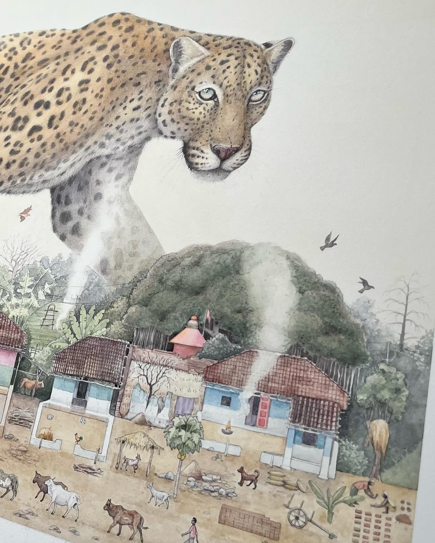 &lsquo;Till The Cows Come Home&rsquo; watercolour on cotton paper. While on our travels in Central India I was eager to see predators in the wild. As we&rsquo;d pass villages I&rsquo;d see how people adapt to life around National Parks. Being confron