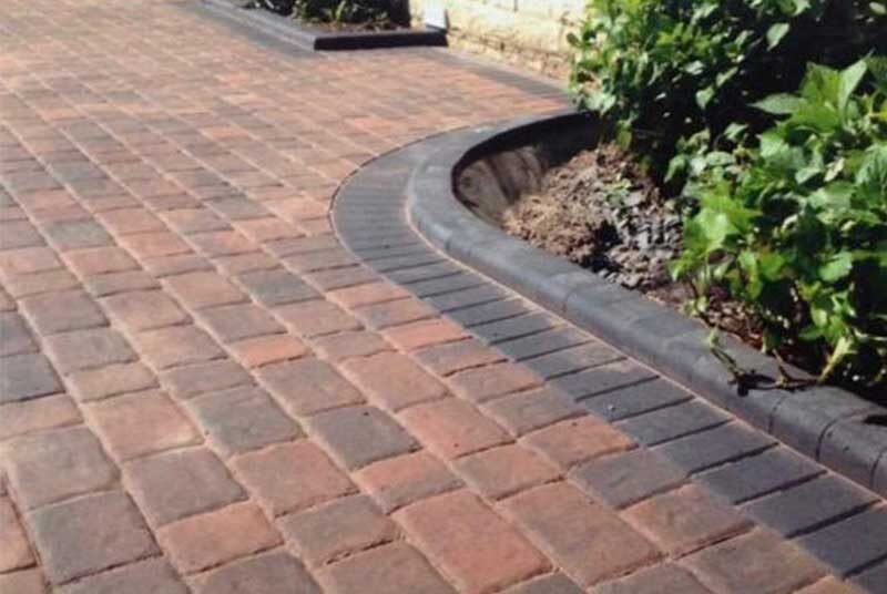 Close-up of a curved brick sidewalk with a black border edging, next to a bush with green leaves.