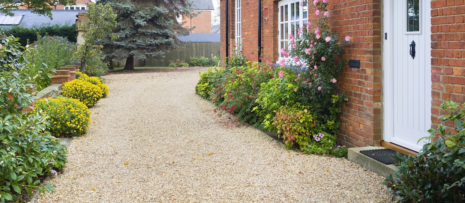 A gravel pathway in front of a brick house with white door and pink flowers, yellow bushes, and trees.