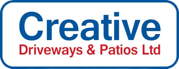 Sign for Creative Driveways & Patios Ltd with blue and red text on a white background.