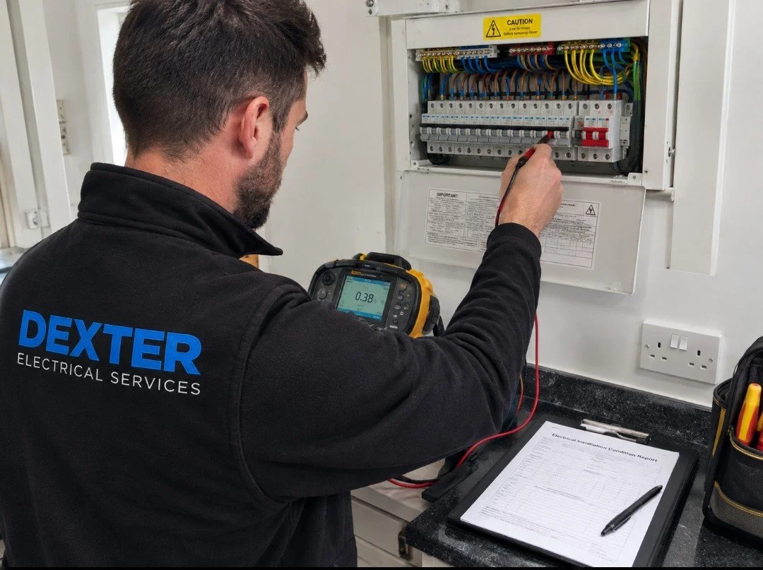 An engineer from Dexter Electrical Services Carrying out inspection and testing for an EICR