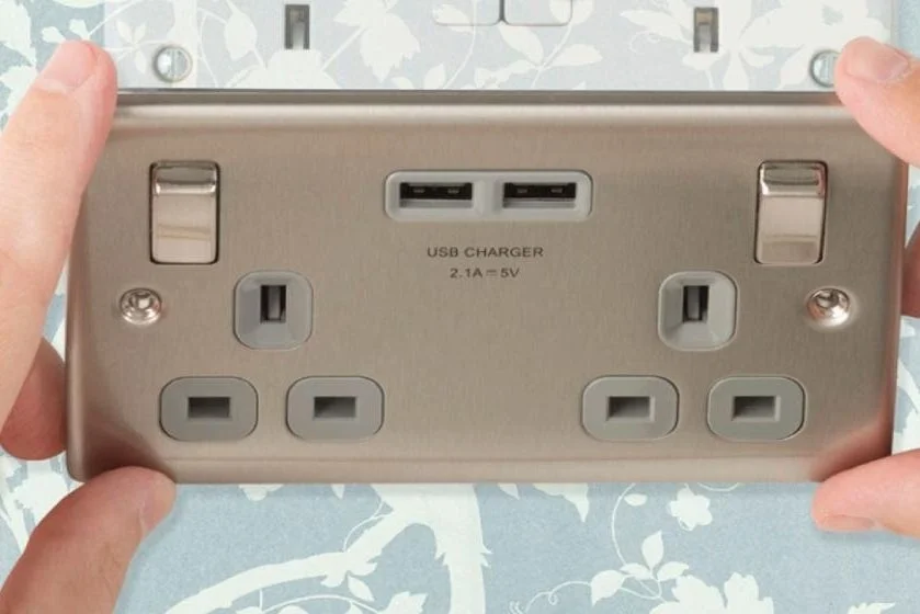 Brushed steel USB twin socket outlet