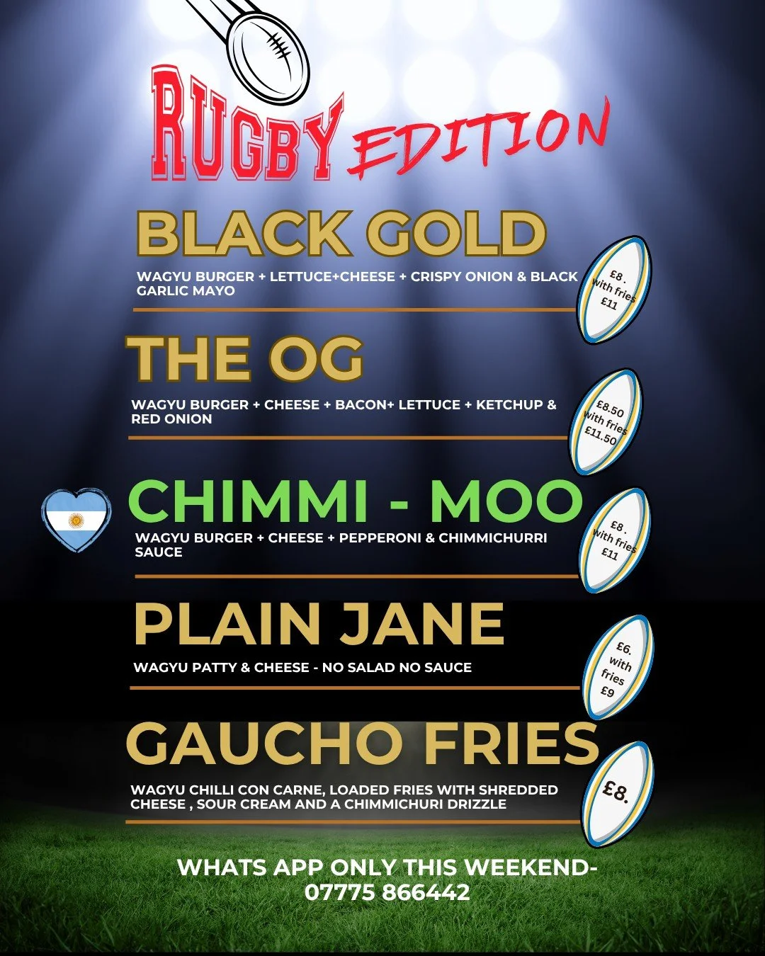 🏉 AUTUMN RUGBY SPECIALS

Every match week = a burger inspired by Wales' opponents.
First up: Argentina 🇦🇷 v Wales 🏴󠁧󠁢󠁷󠁬󠁳󠁿

🍔 Chimmi Moo &ndash; Wagyu Burger,cheese, pepperoni + chimichurri
Big, bold, Argentinian flavour to kick off the ser