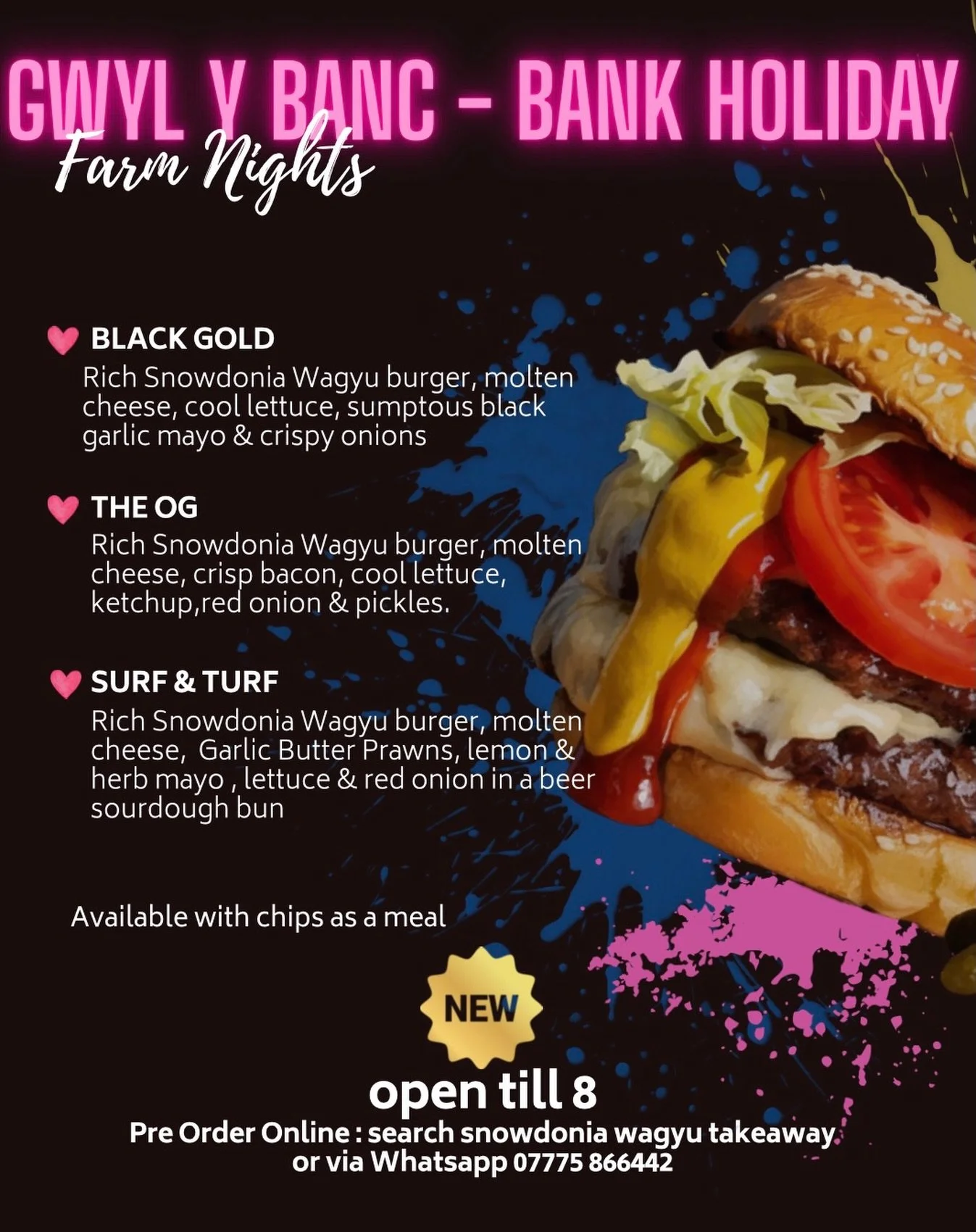 Bank Holiday plans? Sorted. 🔥🍔
We&rsquo;re bringing the heat with our  Wagyu Burgers this weekend &mdash; bold burgers, Loaded Fries, big flavour, no shortcuts.

Black Gold. The OG. Surf &amp; Turf.Loaded Fries
Pick your favourite&hellip;.😉

Open 
