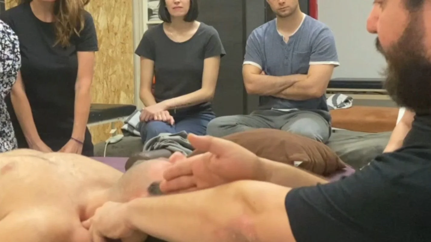 Foto de la explicación teórica para la práctica guiada del abordaje sobre escalenos con técnica directa miofascial en el curso de Terapia Miofascial en HARA, Madrid.