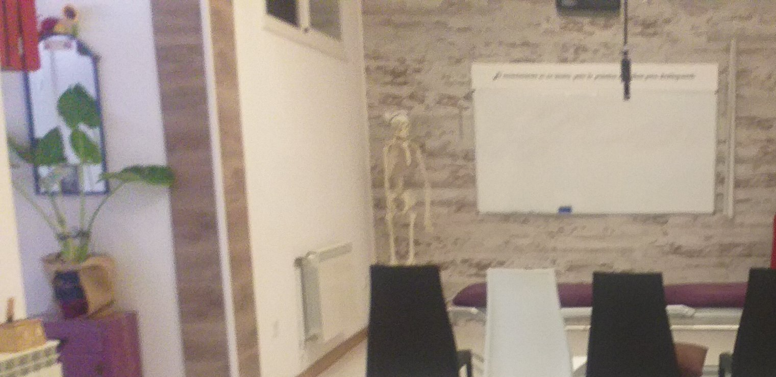Aula de formación en el centro HARA, equipada para clases teóricas y prácticas, donde se imparten cursos de osteopatía, terapia miofascial y medicina tradicional china.