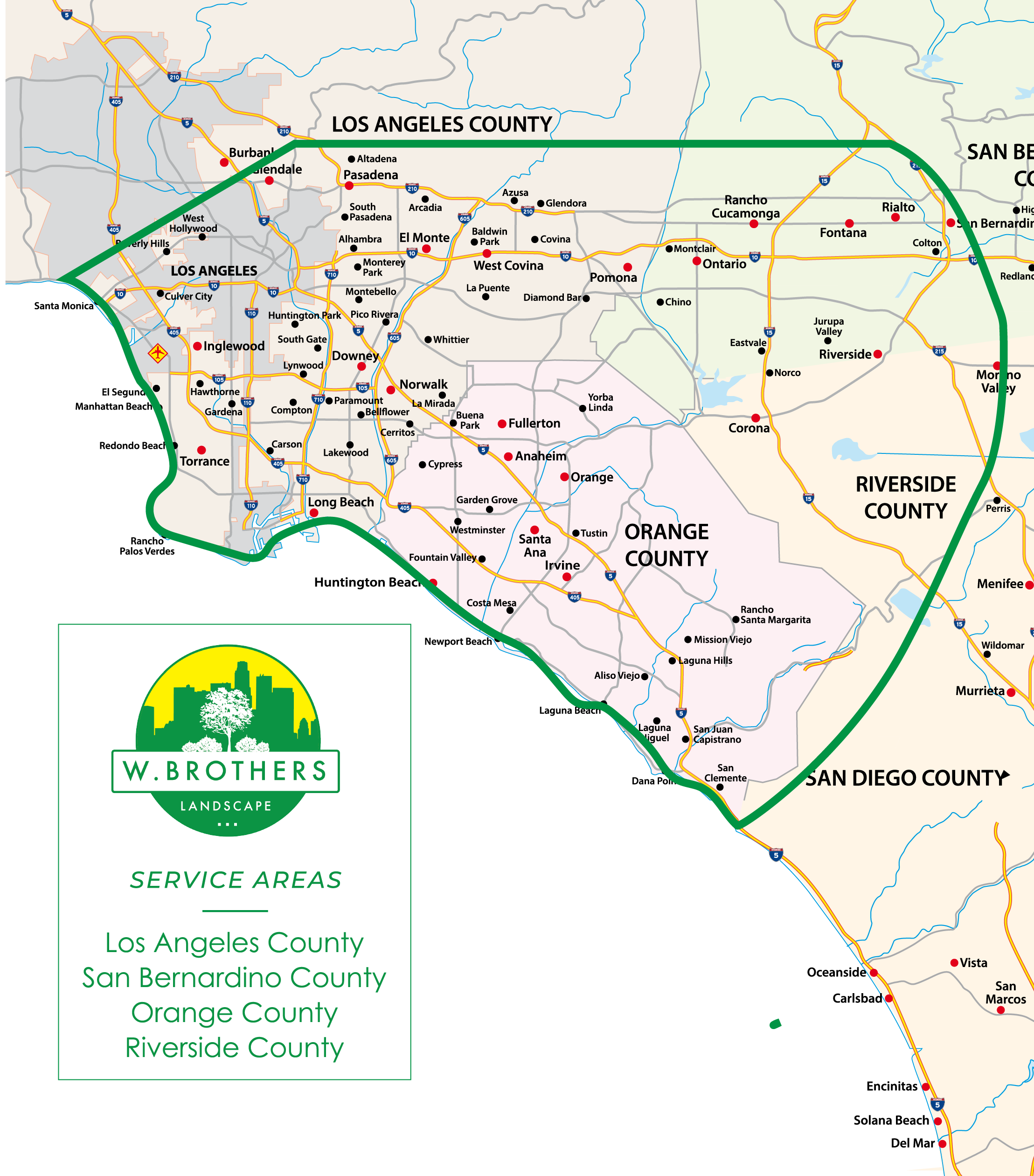 Map showing service areas for W. Brothers Landscape, including Los Angeles County, San Bernardino County, Orange County, Riverside County, and others in Southern California. The map features major highways and city labels.