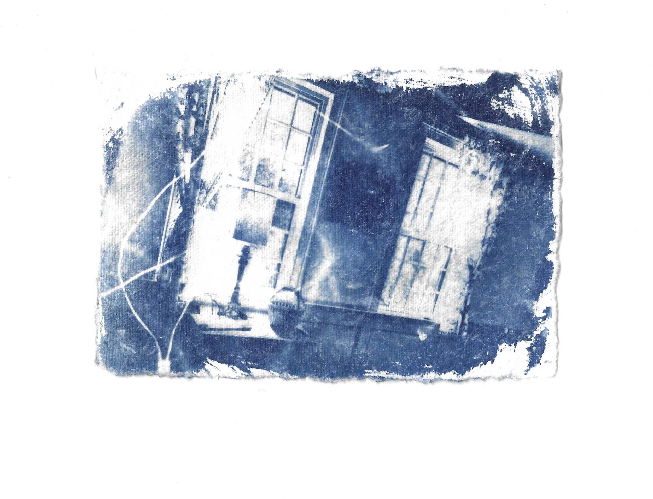 Cyanotype photo negative and collagraph on cotton rag