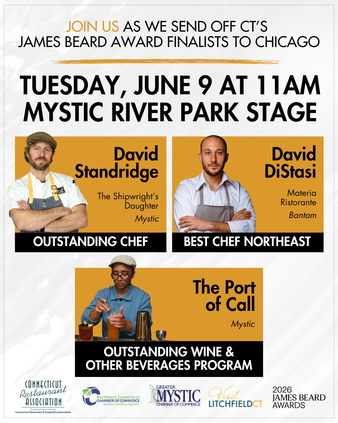 June 9: Official Send Off Celebration for CT’s Three James Beard Finalists as They Prepare for the 2026 Awards in Chicago