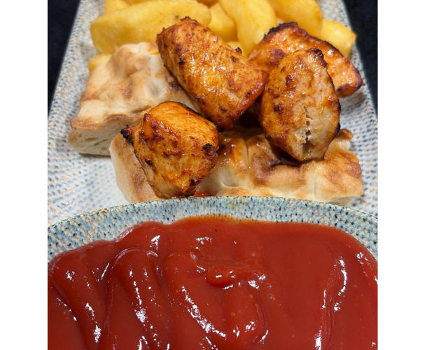 Children's chicken shish with ketchup- a dish served at Mavi Ruya Turkish Bar and Grill