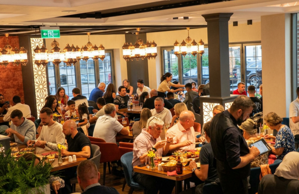 The lower floor of Mavi Ruya Turkish grill, many customers eating their dishes, with colleague Dennis on the front right of the image