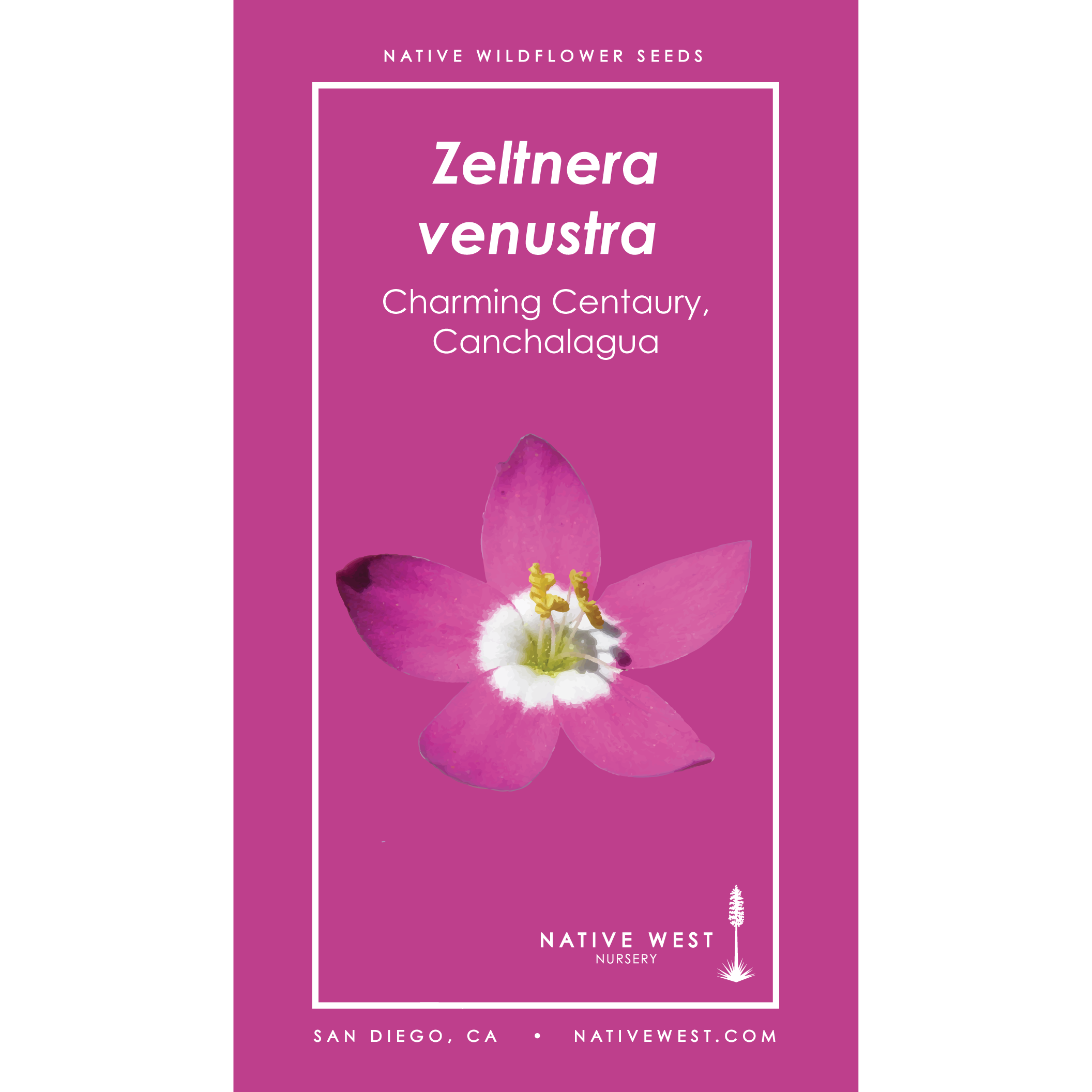 Zeltnera venustra (Charming Centaury, Canchalagua) seed packet featuring a close-up illustration of the bright pink flower.
