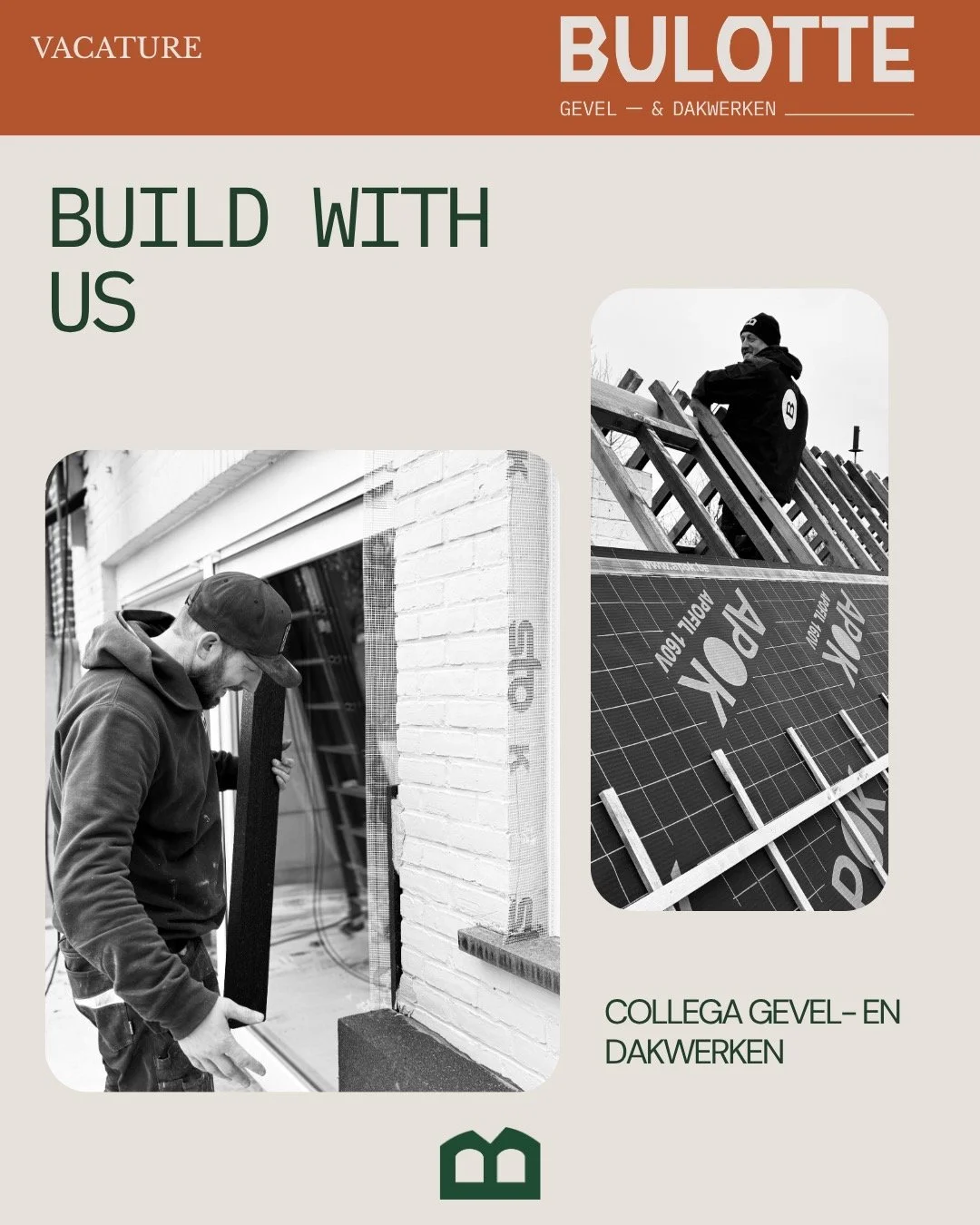 Bulotte is op zoek naar een gemotiveerde collega om ons team te versterken binnen de gevel- en dakwerken.
Ben jij klaar voor een nieuwe uitdaging in de bouwsector?

👉 Ontdek de volledige vacature op onze website of via de link in bio. #bulotte #geve