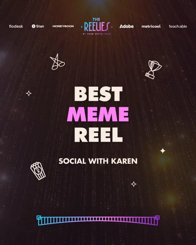 🏆 AND THE WINNER IS... @socialwithkaren⁠
⁠
Congrats on winning the Best Meme Reel!!⁠
⁠
We couldn't have done it without our sponsors @honeybook @adobe @flodesk @teachable @stanforcreators and @metricool &mdash;THANK YOU for supporting small creators