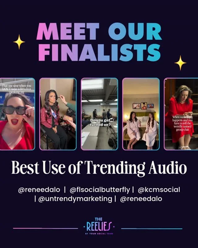 Meet the finalists for 🏆 BEST USE OF TRENDING AUDIO 🏆⁠
⁠
🌟 @reneedalo⁠
🌟 @flsocialbutterfly⁠
🌟 @kcmsocial⁠
🌟 @untrendymarketing⁠
🌟 @reneedalo⁠
⁠
Congrats everyone! 🔥⁠
⁠
🏆  Vote for the winners! Comment "VOTE26" for the link (voting