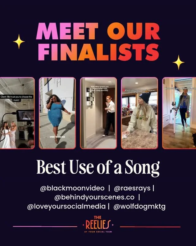 Meet the finalists for 🏆 BEST USE OF SONG 🏆⁠
⁠
🌟 @blackmoonvideo⁠
🌟 @raesrays⁠
🌟 @behindyourscenes.co⁠
🌟 @loveyoursocialmedia⁠
🌟 @wolfdogmktg⁠
⁠
Congrats everyone! 🔥⁠
⁠
🏆  Vote for the winners! Comment "VOTE26" for the link (voting