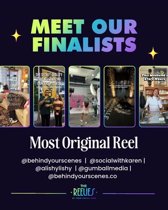 Meet the finalists for 🏆 MOST ORIGINAL REEL 🏆⁠
⁠
🌟 @behindyourscenes.co⁠
🌟 @socialwithkaren⁠
🌟 @alishylishy⁠
🌟 @gumballmedia⁠
🌟 @behindyourscenes.co⁠
⁠
Congrats everyone! 🔥⁠
⁠
🏆  Vote for the winners! Comment "VOTE26" for the link 