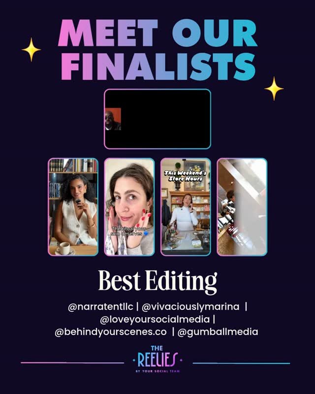 Meet the finalists for 🏆 BEST EDITING 🏆⁠
⁠
🌟 @narrantentllc⁠
🌟 @vivaciouslymarina⁠
🌟 @loveyoursocialmedia⁠
🌟 @behindyourscenes.co⁠
🌟 @gumballmedia⁠
⁠
Congrats everyone! 🔥⁠
⁠
🏆  Vote for the winners! Comment "VOTE26" for the link (v