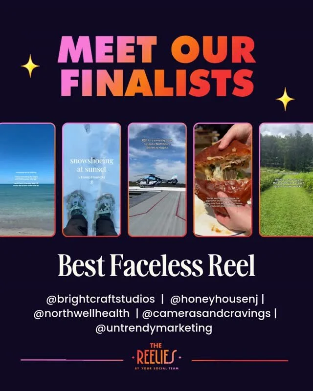 Meet the finalists for 🏆 BEST FACELESS REEL 🏆⁠
⁠
🌟 @brightcraftstudios⁠
🌟 @honeyhousenj⁠
🌟 @northwellhealth⁠
🌟 @camerasandcravings⁠
🌟 @untrendymarketing⁠
⁠
Congrats everyone! 🔥⁠
⁠
🏆  Vote for the winners! Comment "VOTE26" for the l