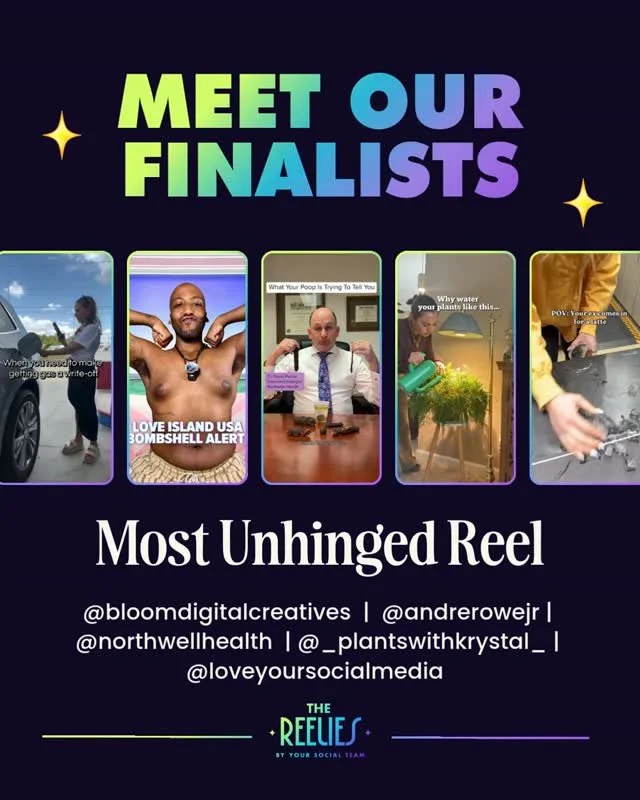 Meet the finalists for 🏆 MOST UNHINGED REEL 🏆⁠
⁠
🌟 @bloomdigitalcreatives⁠
🌟 @andrerowejr⁠
🌟 @northwellhealth⁠
🌟 @_plantswithkrystal_⁠
🌟 @loveyoursocialmedia⁠
⁠
Congrats everyone! 🔥⁠
⁠
🏆  Vote for the winners! Comment "VOTE26" for 