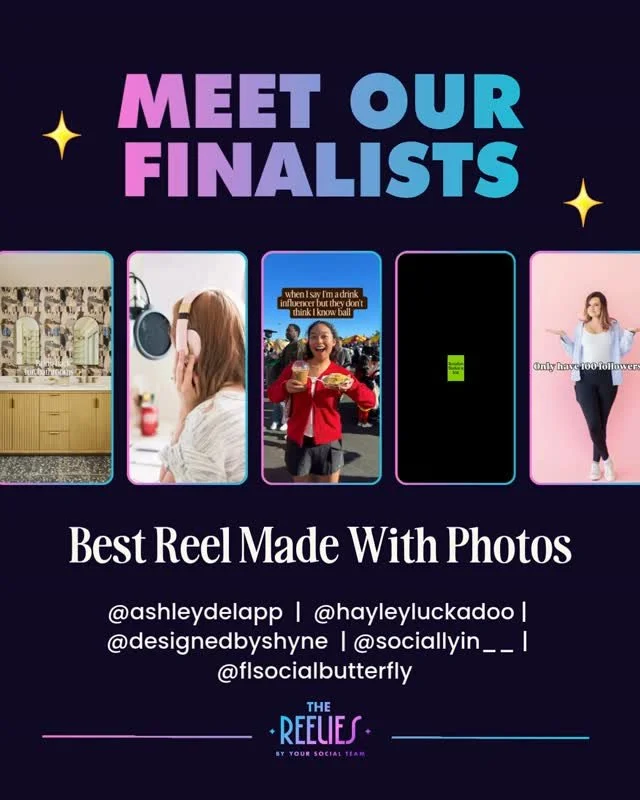 Meet the finalists for 🏆 BEST REEL MADE WITH PHOTOS 🏆⁠
⁠
🌟 @ashleydelapp⁠
🌟 @hayleyluckadoo⁠
🌟 @designedbyshyne⁠
🌟 @sociallyin__⁠
🌟 @flsocialbutterfly⁠
⁠
Congrats everyone! 🔥⁠
⁠
🏆  Vote for the winners! Comment "VOTE26" for the lin