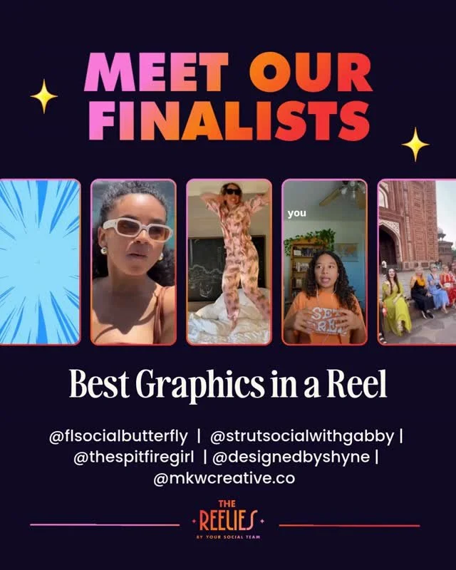Meet the finalists for 🏆 BEST GRAPHICS IN A REEL 🏆⁠
⁠
🌟 @flsocialbutterfly⁠
🌟 @strutsocialwithgabby⁠
🌟 @thespitfiregirl⁠
🌟 @designedbyshyne⁠
🌟 @mkwcreative.co⁠
⁠
Congrats everyone! 🔥⁠
⁠
🏆  Vote for the winners! Comment "VOTE26" for