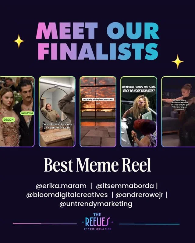 Meet the finalists for 🏆 BEST MEME REEL 🏆⁠
⁠
🌟 @erika.maram⁠
🌟 @itsemmaborda⁠
🌟 @bloomdigitalcreatives⁠
🌟 @andrerowejr⁠
🌟 @untrendymarketing⁠
⁠
Congrats everyone! 🔥⁠
⁠
🏆  Vote for the winners! Comment "VOTE26" for the link (voting 