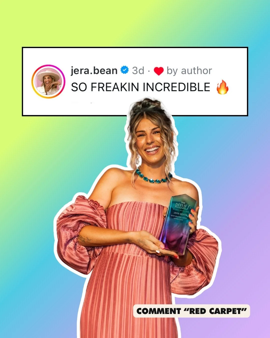 @jera.bean came to The Reelies, walked the red carpet, and left with a trophy and proof that the Reels she's been making actually matter!⁠
⁠
One month from now, someone else is going to have this exact photo.⁠
⁠
Comment "RED CARPET" and we'