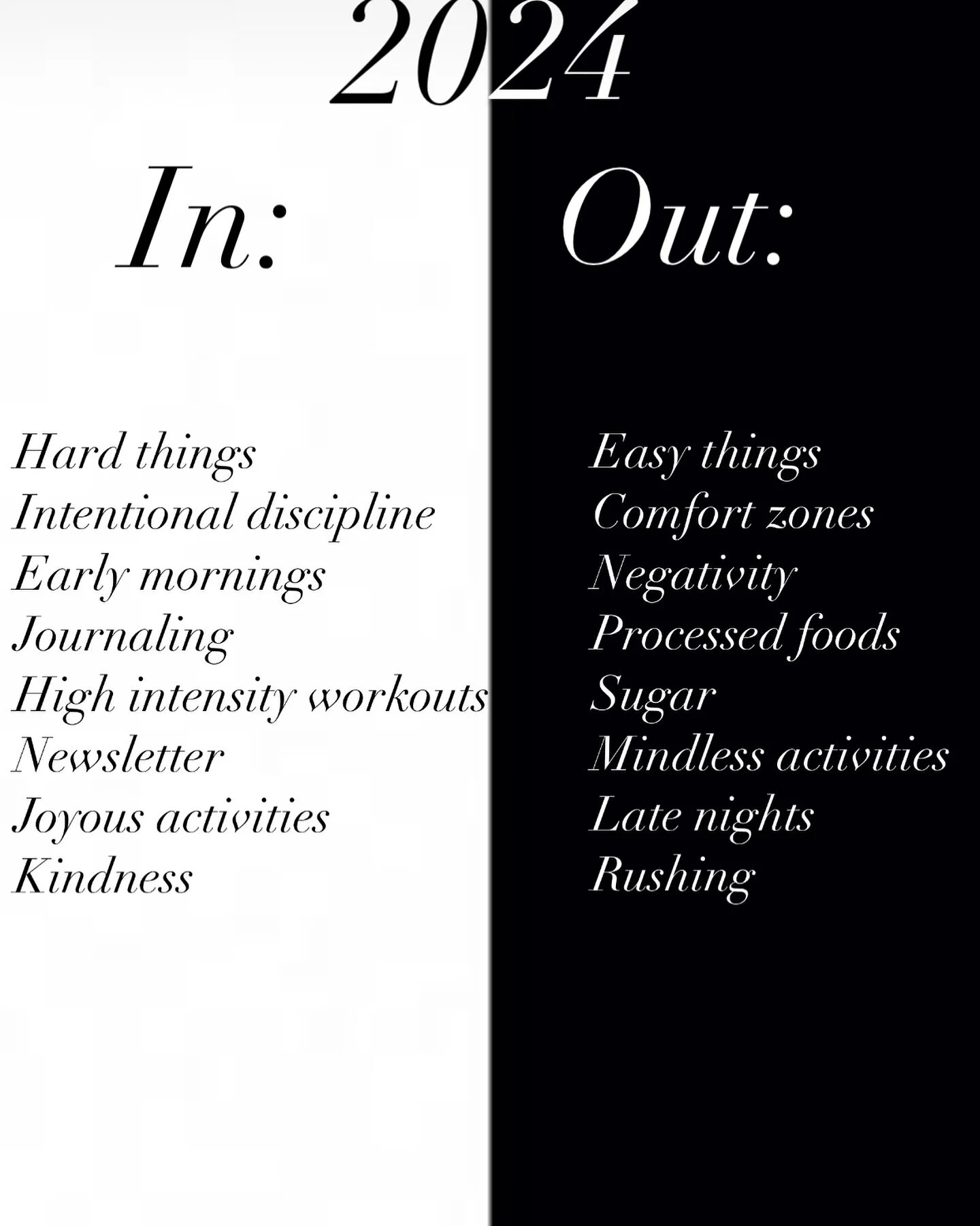 My additions and subtractions for the 2024 New Year. Intentional discipline is the goal but balance before perfection is key to a sustainable lifestyle.
