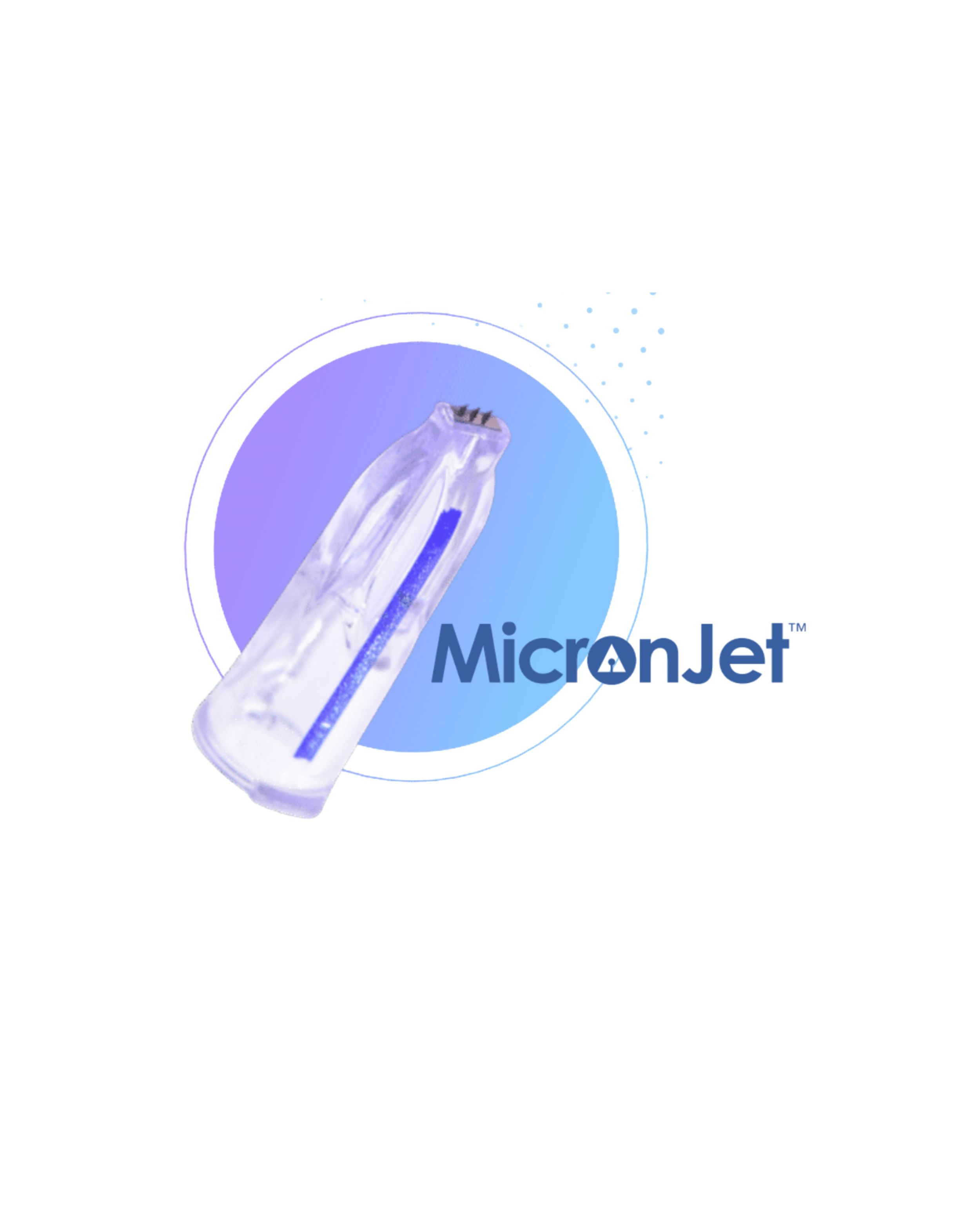 MicronJet logo with a small, transparent medical device with blue accents in front of a circular blue gradient background.