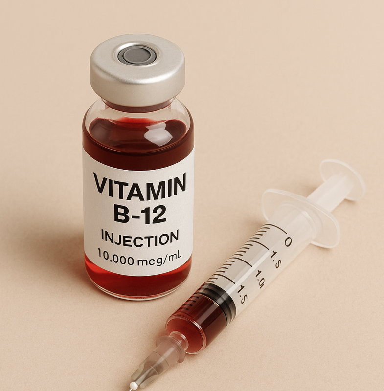 A vial labeled 'Vitamin B-12 Injection 10,000 mcg/mL' next to a syringe filled with the same red liquid on a beige background.