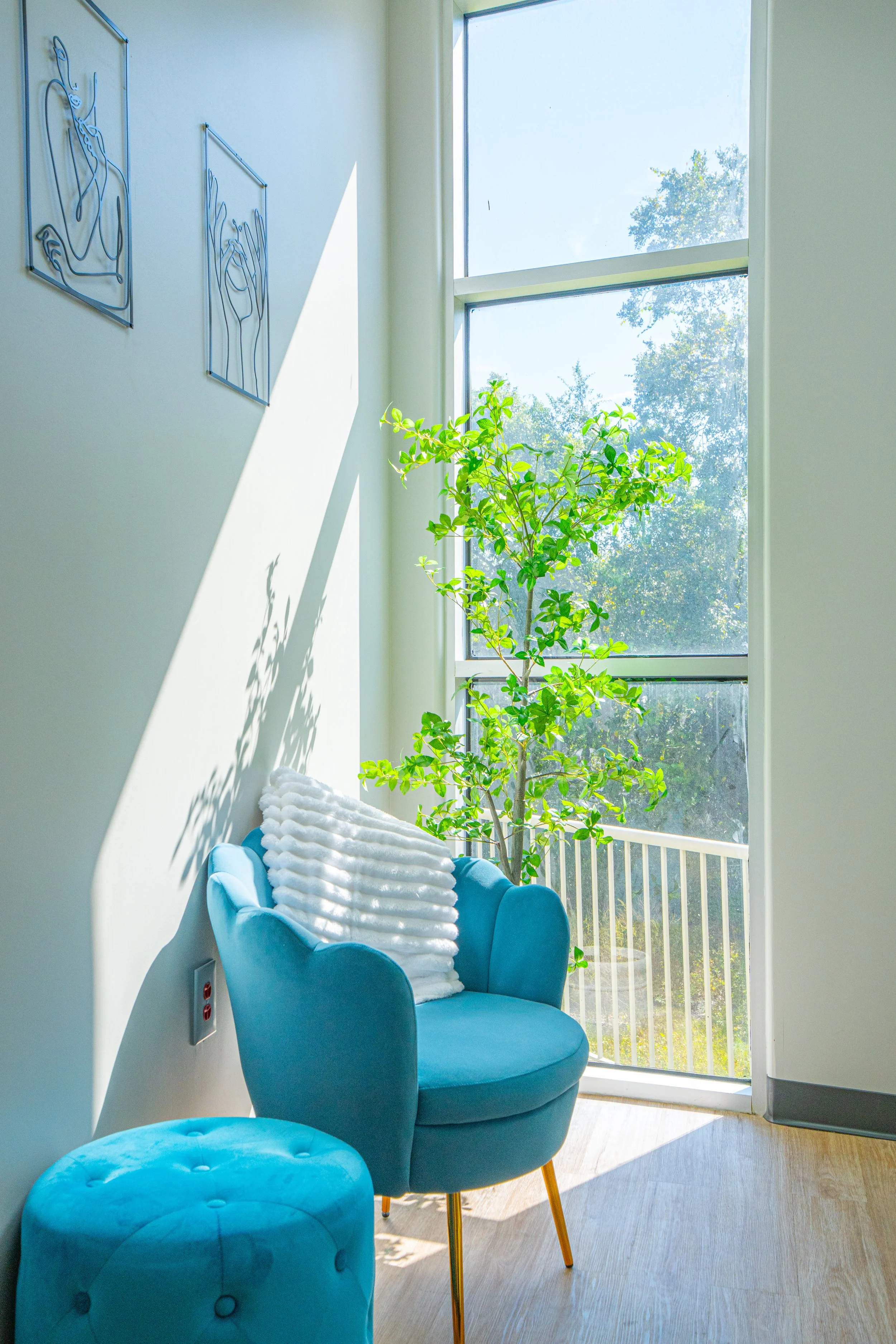 A cozy corner with a blue armchair, a matching ottoman, and a white fluffy pillow. There is a large window letting in natural sunlight, casting shadows on the wall. A leafy green plant is beside the window, and framed wire art hangs on the wall.