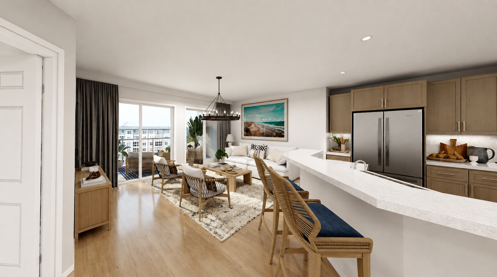 A modern, open-concept living room and kitchen area with large windows and balcony, featuring wooden furniture, a white sofa, a rug, tropical plants, and kitchen appliances.