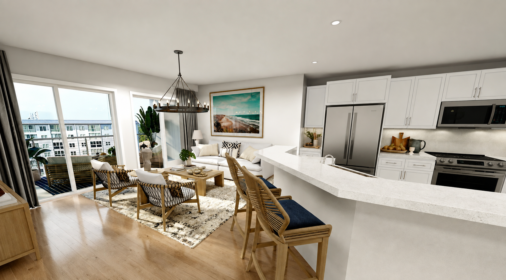 Open-concept living room and kitchen with large sliding glass doors leading to a balcony, modern white cabinets, stainless steel appliances, a white sofa, a wooden dining table, and a view of neighboring buildings outside.