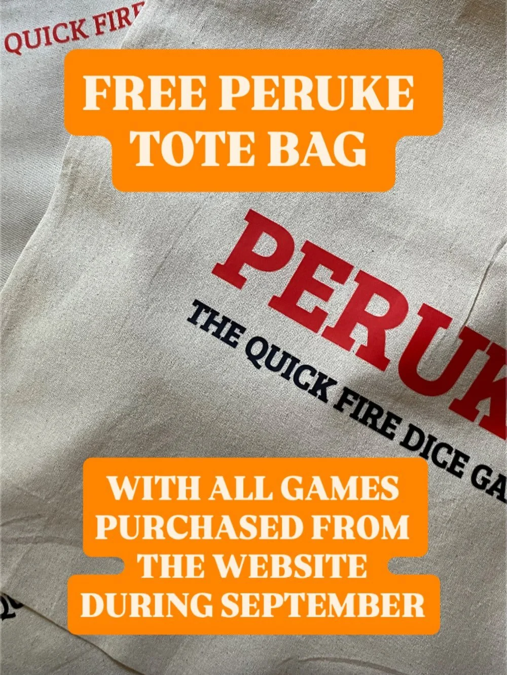 FREE PERUKE TOTE BAG WITH ALL GAMES PURCHASED FROM THE WEBSITE DURING SEPTEMBER. *Limited to first 30 purchases.  #freeoffer #peruke #perukegames #supportsmallbusiness #supportindies #supportindependent #shopsmall #dice #dicegames #boardgame #tableto
