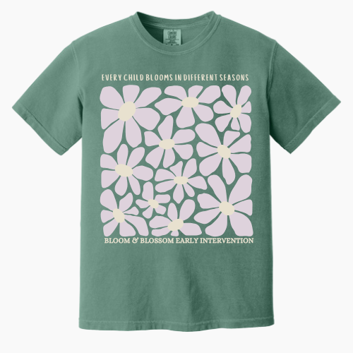 Adult Green Shirt: Blooms in Lavender