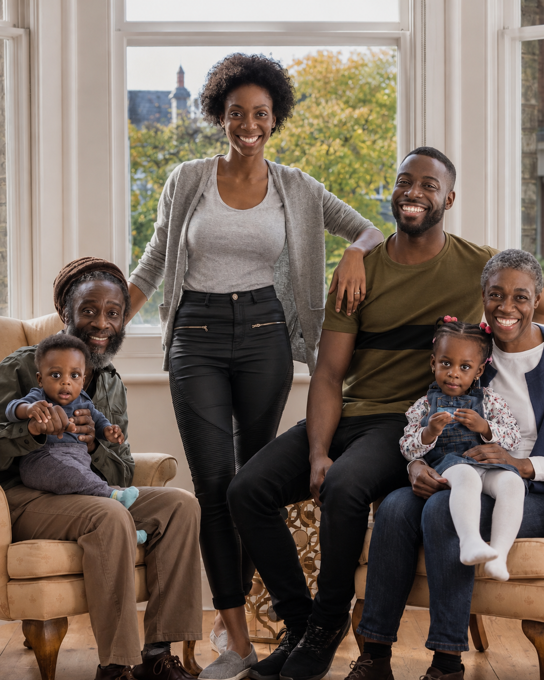 Multi-generational family smiling together in their living room