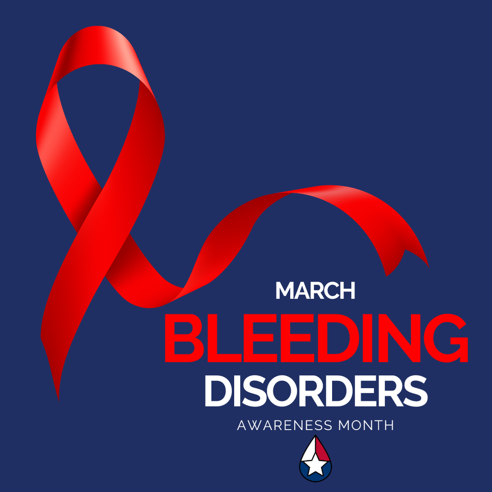 Square profile graphic: a red awareness ribbon on navy, reading March Bleeding Disorders Awareness Month