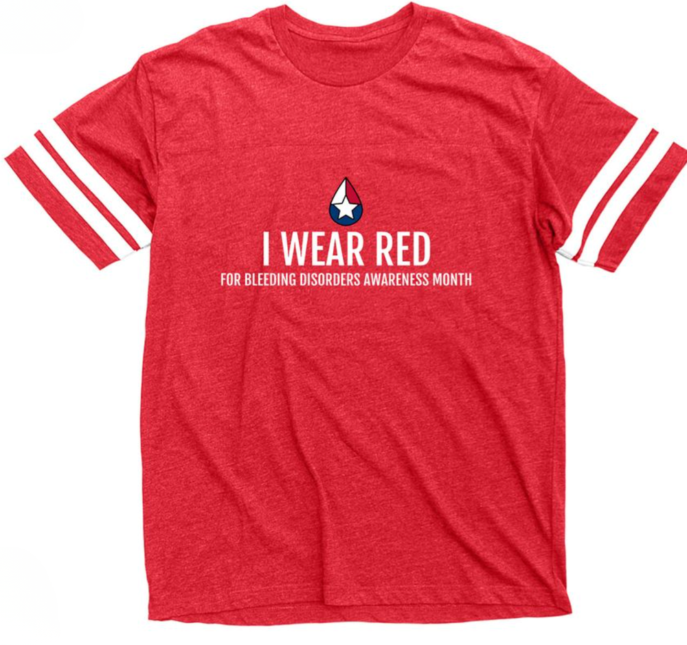 Red football jersey reading I Wear Red for Bleeding Disorders Awareness Month