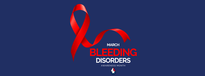 Facebook cover graphic: a red awareness ribbon on navy, reading March Bleeding Disorders Awareness Month
