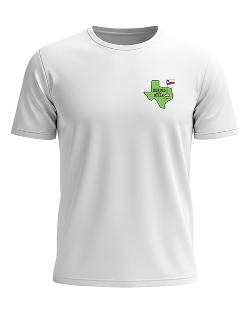 White t-shirt with the green Texas Heroes in the Hills logo on the chest