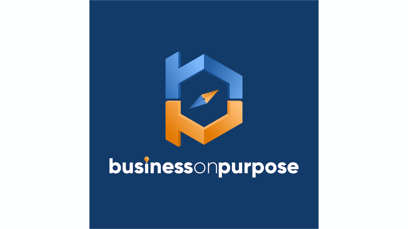 Logo with a hexagon shape, featuring a compass inside, and the text "business on purpose" underneath.
