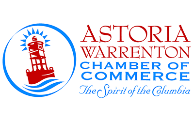 Logo for Astoria Warrenton Chamber of Commerce with a red lighthouse inside a blue circle and the text 'ASTORIA WARRNTON CHAMBER OF COMMERCE The Spirit of the Columbia'.