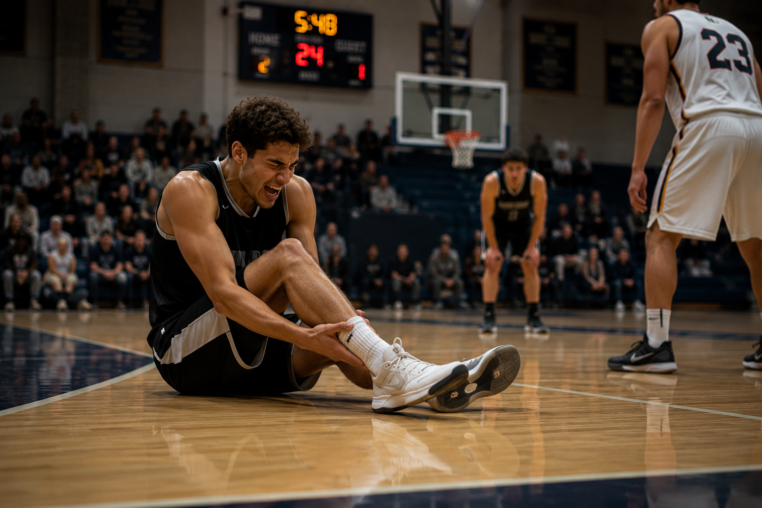 Basketball player sitting on the court immediately after an Achilles tendon injury during a game, illustrating the emotional and physical impact of sports injuries.