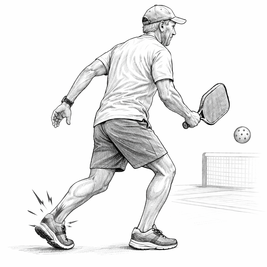 Middle aged male pickeball player stepping forward rupturing his Achilles tendon