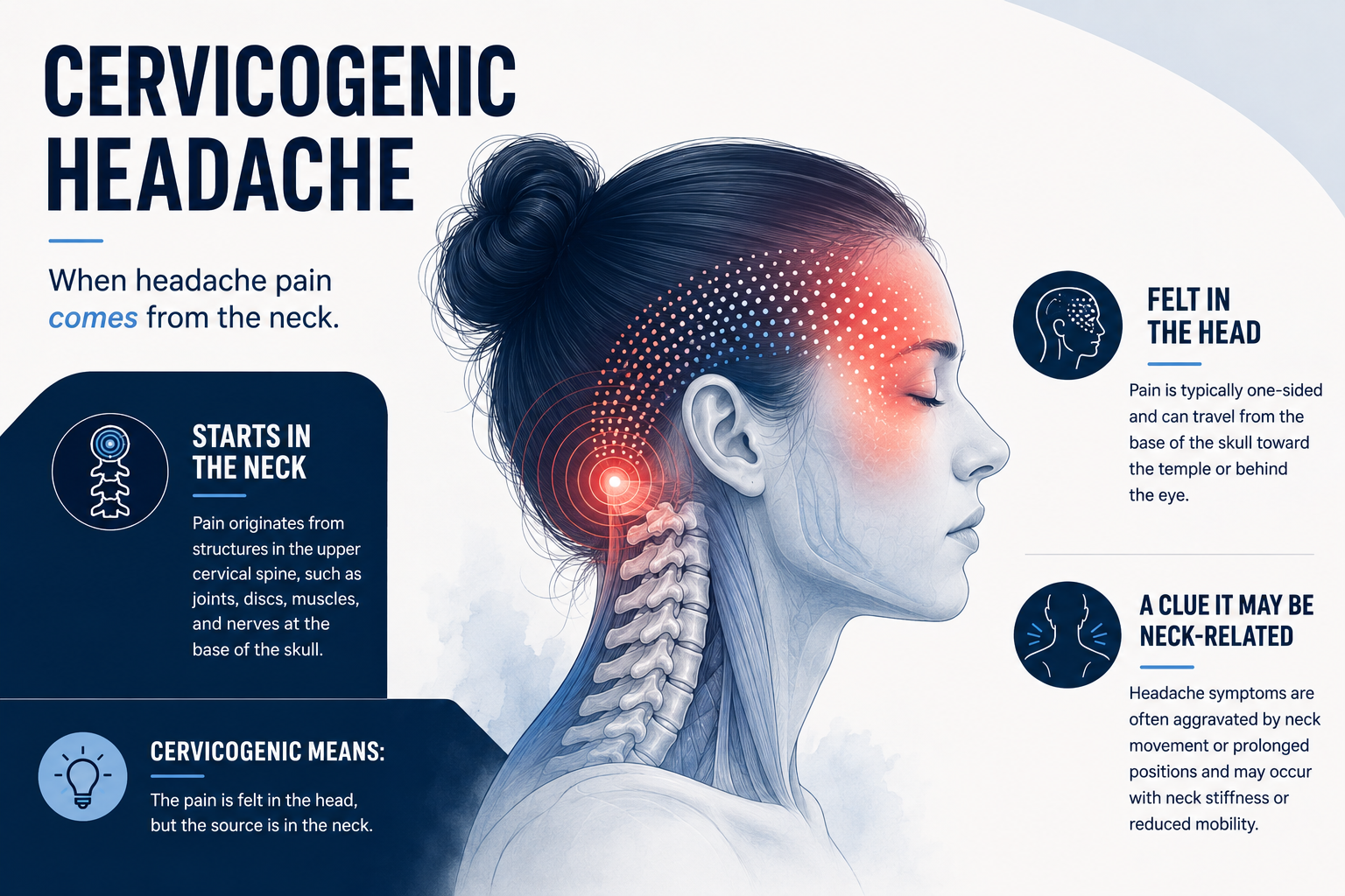 Cervicogenic headache infographic showing pain originating in the upper neck and being felt on one side of the head