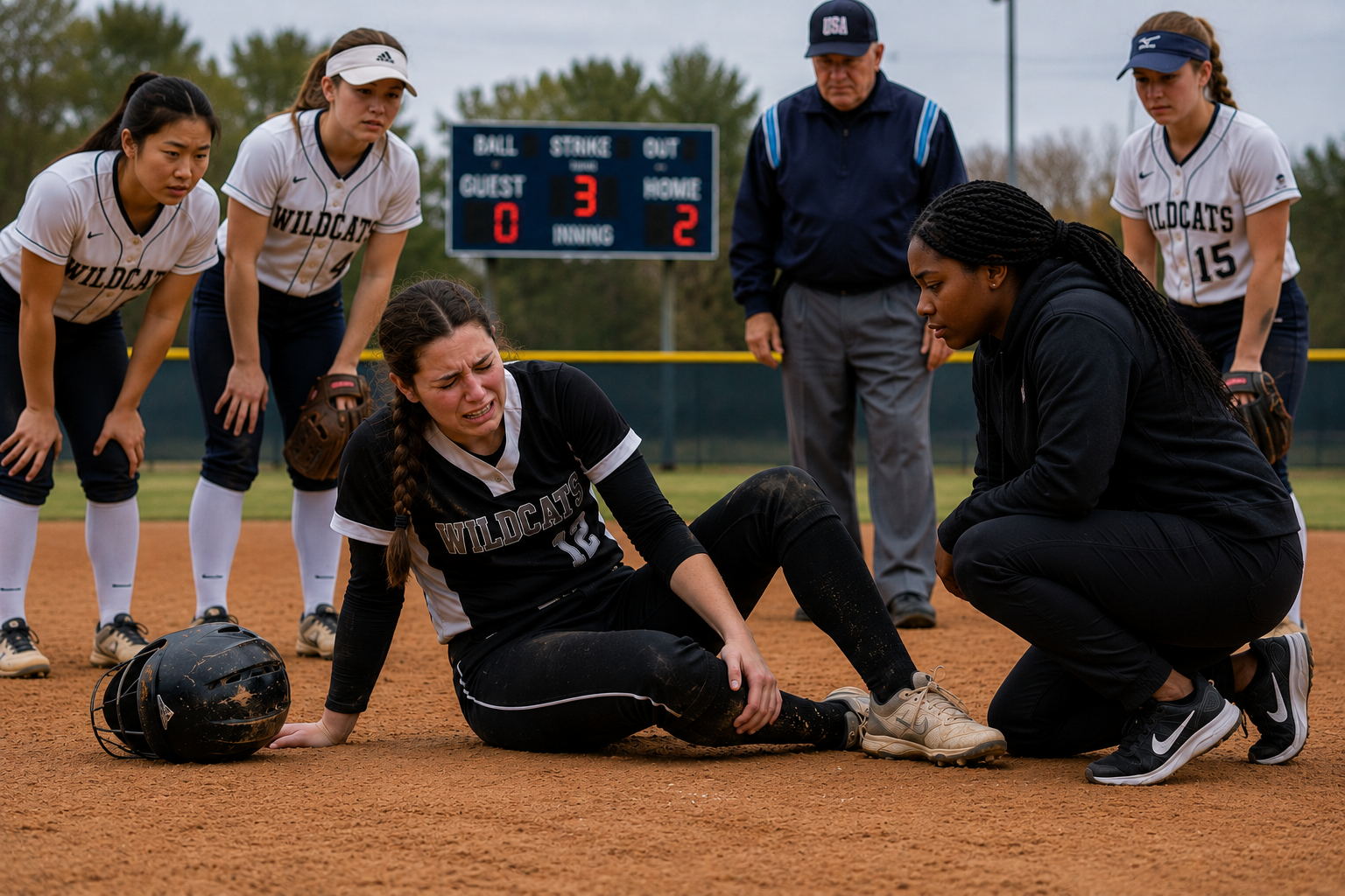 An injured softball player receiving support from teammates and a coach after a sports injury, illustrating the emotional and physical challenges of injury recovery.