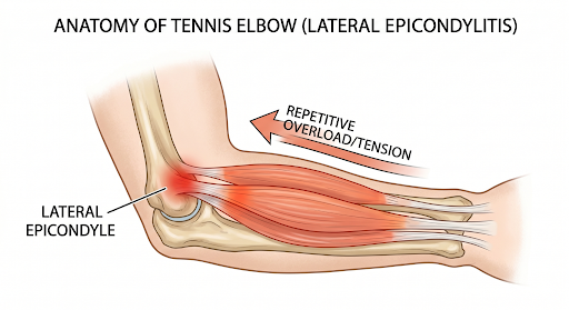 Anatomy of tennis elbow showing the extensor tendon attachment at the lateral epicondyle.